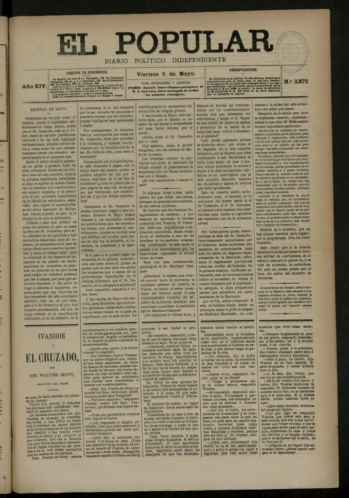 Miniatura de El Popular: diario independiente, político, literario y de noticias de interés general del 5 de mayo de 1882, nº 3872