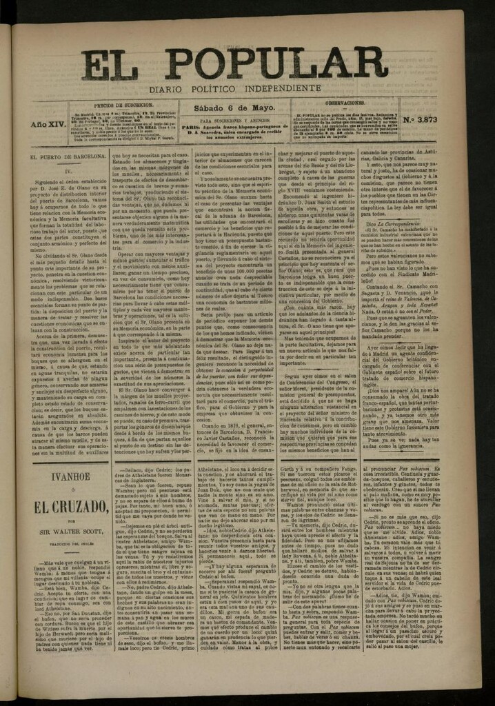 Miniatura de El Popular: diario independiente, político, literario y de noticias de interés general del 6 de mayo de 1882, nº 3873