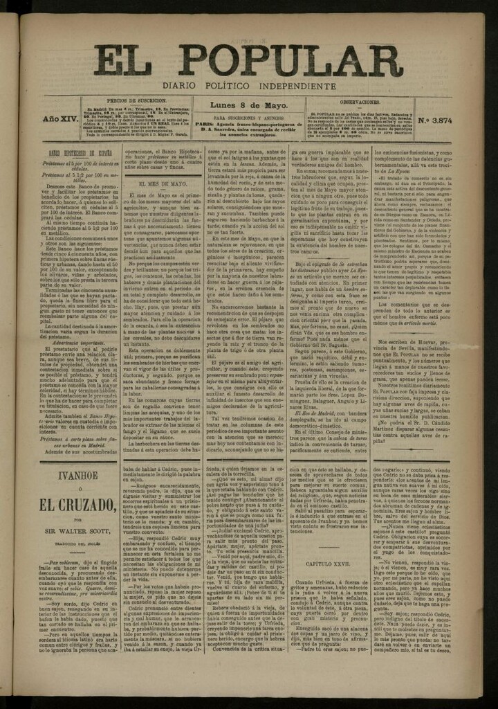 Miniatura de El Popular: diario independiente, político, literario y de noticias de interés general del 8 de mayo de 1882, nº 3874