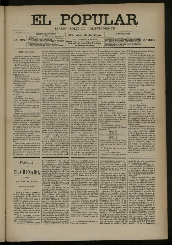 Miniatura de El Popular: diario independiente, político, literario y de noticias de interés general del 10 de mayo de 1882, nº 3876