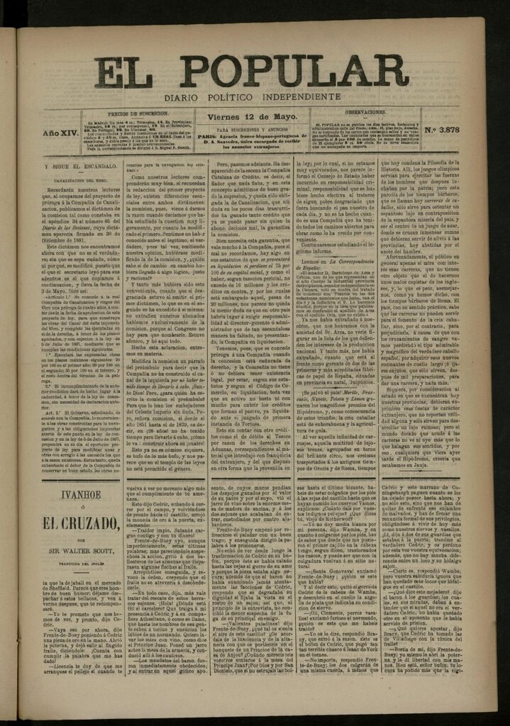 Miniatura de El Popular: diario independiente, político, literario y de noticias de interés general del 12 de mayo de 1882, nº 3878