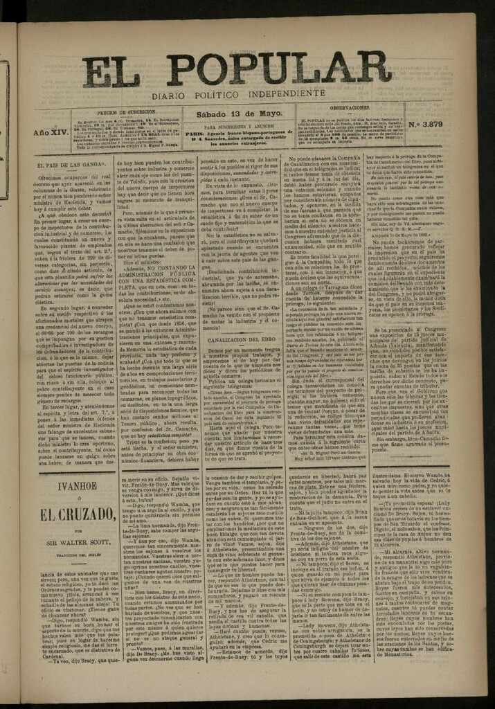 Miniatura de El Popular: diario independiente, político, literario y de noticias de interés general del 13 de mayo de 1882, nº 3879