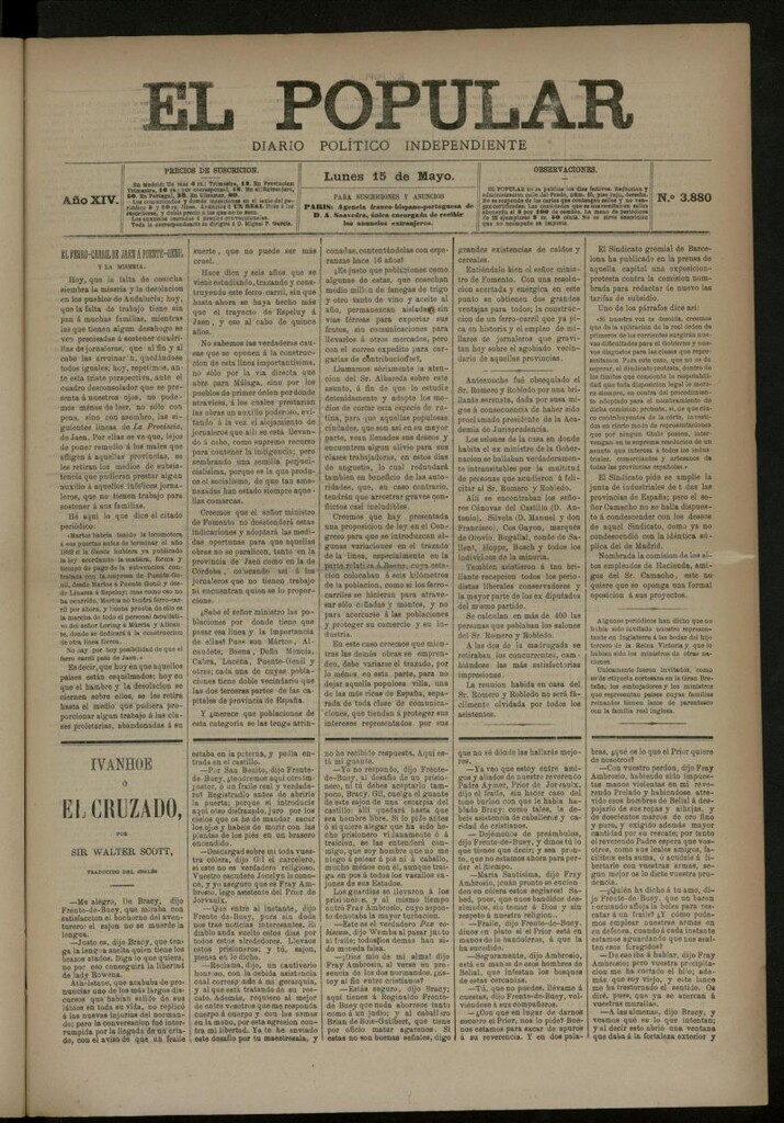Miniatura de El Popular: diario independiente, político, literario y de noticias de interés general del 15 de mayo de 1882, nº 3880