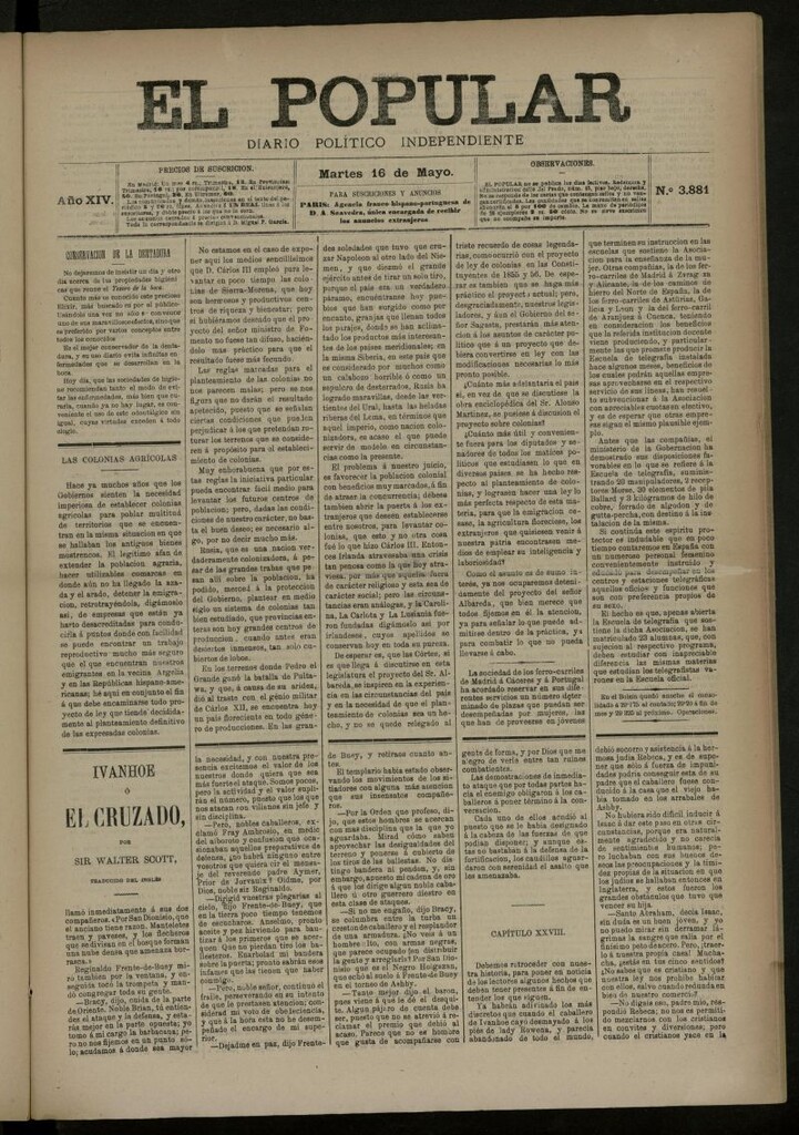Miniatura de El Popular: diario independiente, político, literario y de noticias de interés general del 16 de mayo de 1882, nº 3881