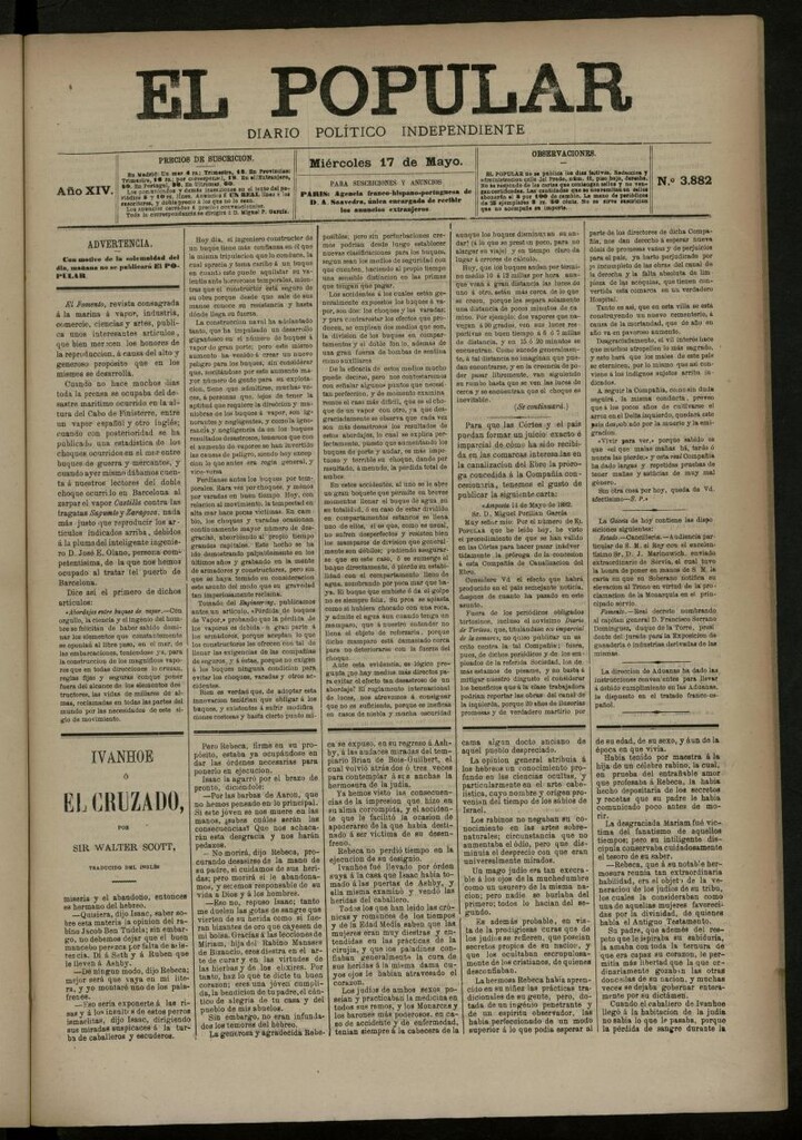 Miniatura de El Popular: diario independiente, político, literario y de noticias de interés general del 17 de mayo de 1882, nº 3882