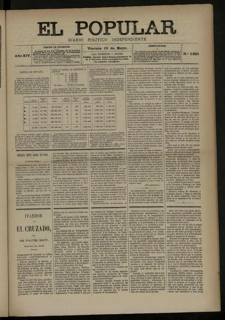 Miniatura de El Popular: diario independiente, político, literario y de noticias de interés general del 19 de mayo de 1882, nº 3883