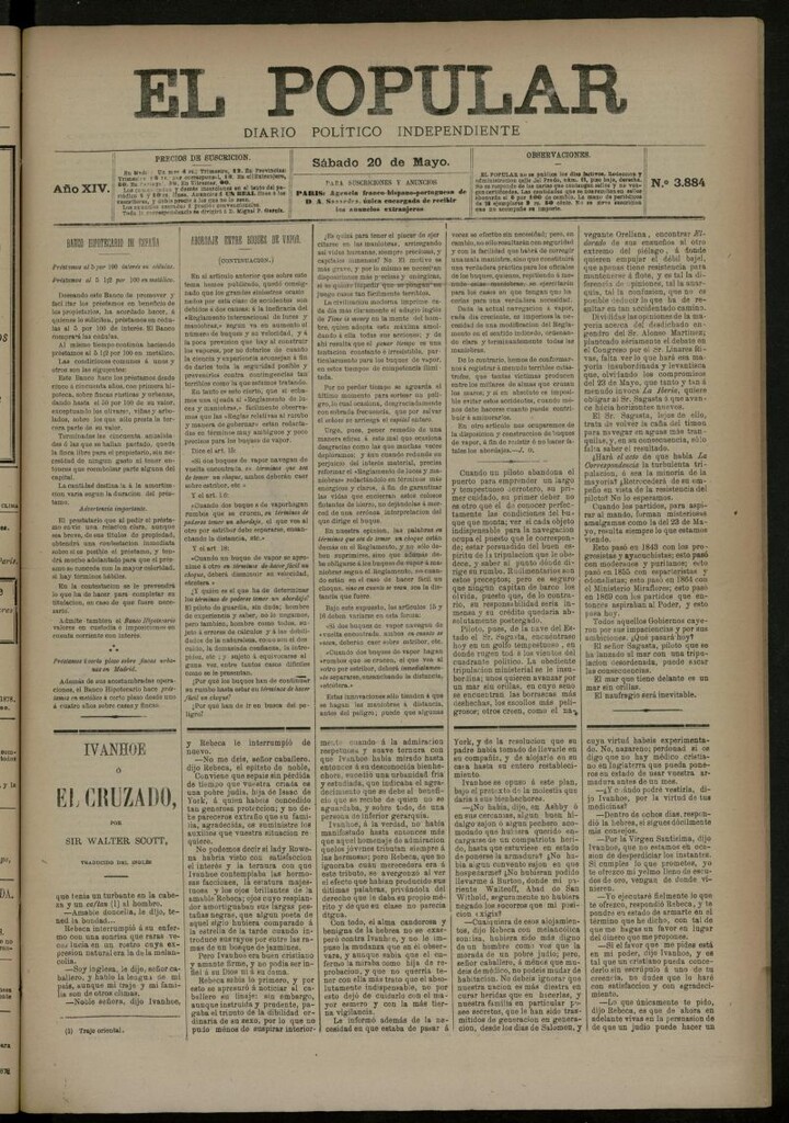 Miniatura de El Popular: diario independiente, político, literario y de noticias de interés general del 20 de mayo de 1882, nº 3884