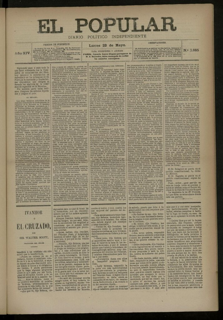 Miniatura de El Popular: diario independiente, político, literario y de noticias de interés general del 22 de mayo de 1882, nº 3885