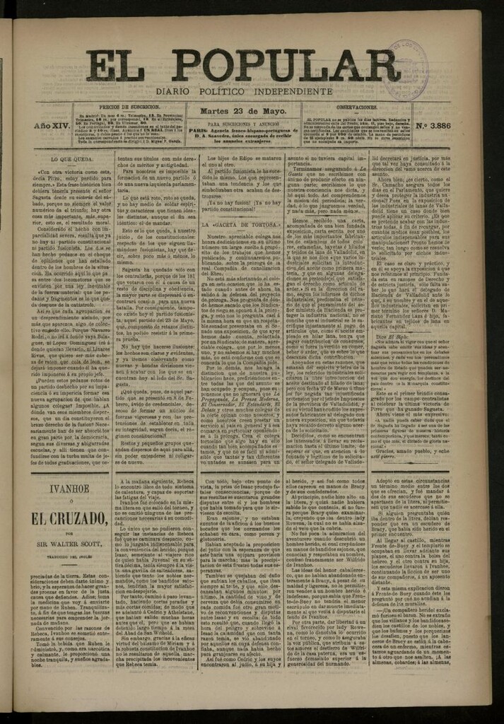 Miniatura de El Popular: diario independiente, político, literario y de noticias de interés general del 23 de mayo de 1882, nº 3886