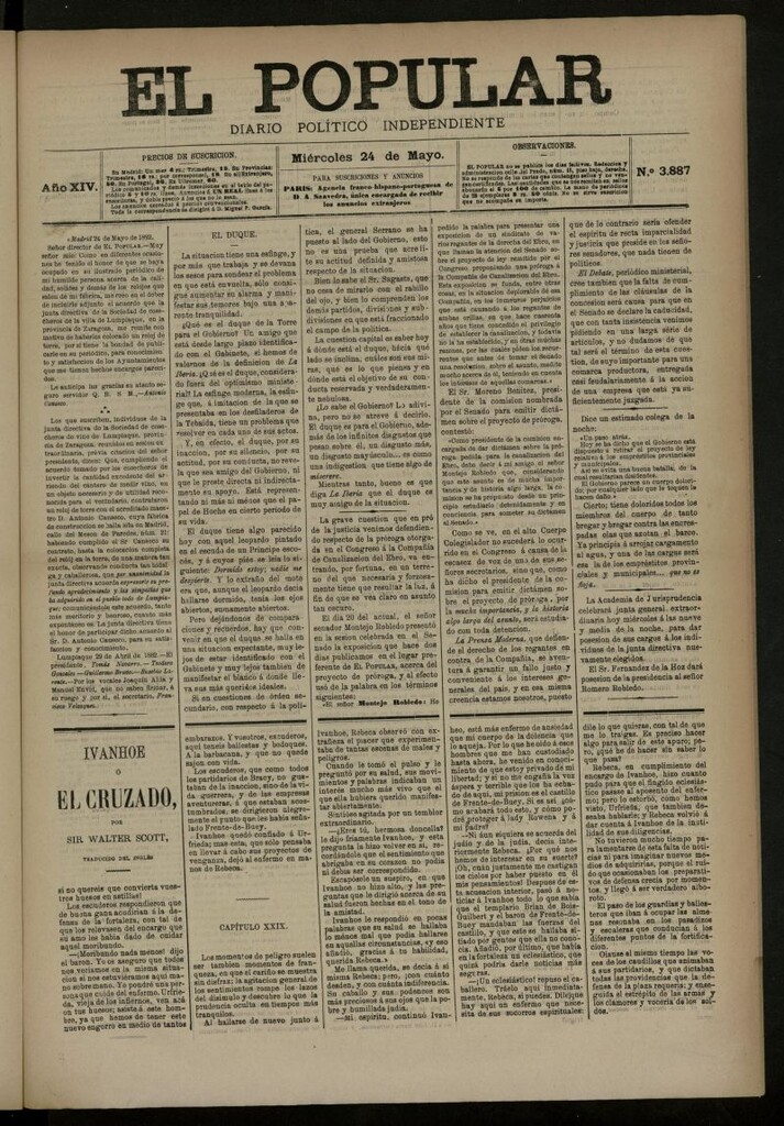 Miniatura de El Popular: diario independiente, político, literario y de noticias de interés general del 24 de mayo de 1882, nº 3887
