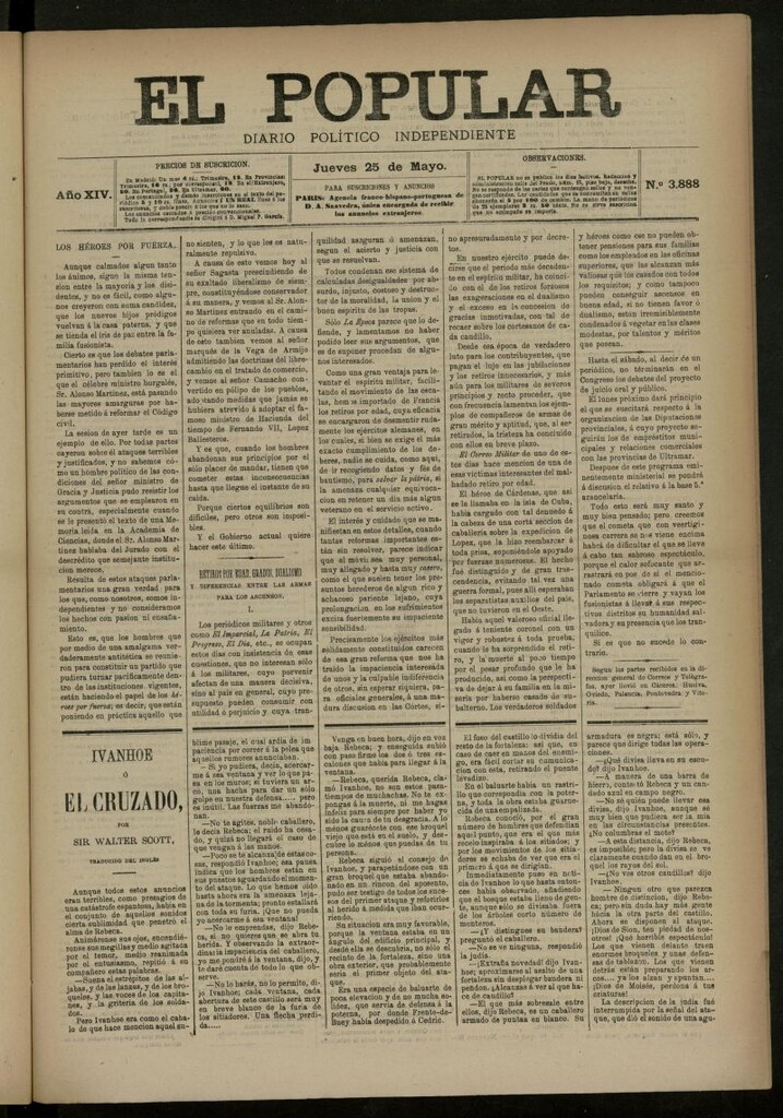 Miniatura de El Popular: diario independiente, político, literario y de noticias de interés general del 25 de mayo de 1882, nº 3888