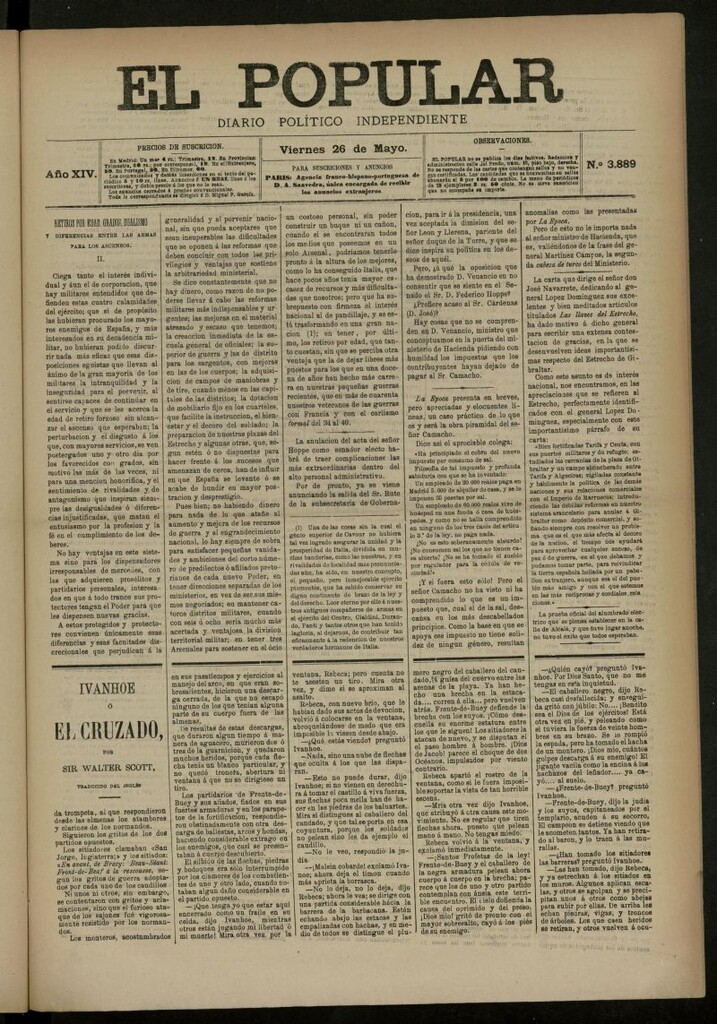 Miniatura de El Popular: diario independiente, político, literario y de noticias de interés general del 26 de mayo de 1882, nº 3889