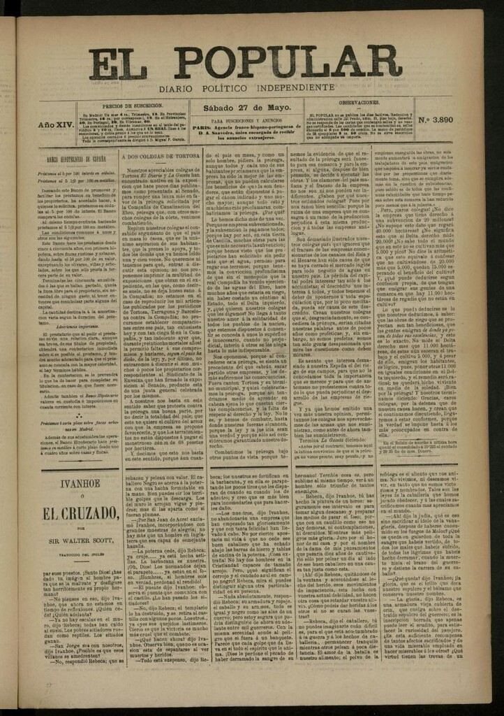 Miniatura de El Popular: diario independiente, político, literario y de noticias de interés general del 27 de mayo de 1882, nº 3890