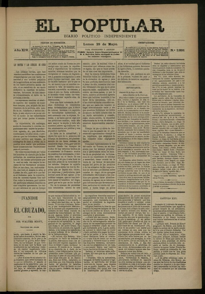 Miniatura de El Popular: diario independiente, político, literario y de noticias de interés general del 29 de mayo de 1882, nº 3891
