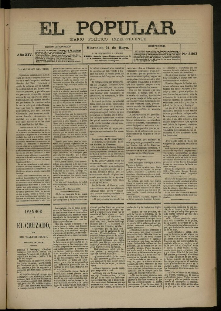 Miniatura de El Popular: diario independiente, político, literario y de noticias de interés general del 31 de mayo de 1882, nº 3893