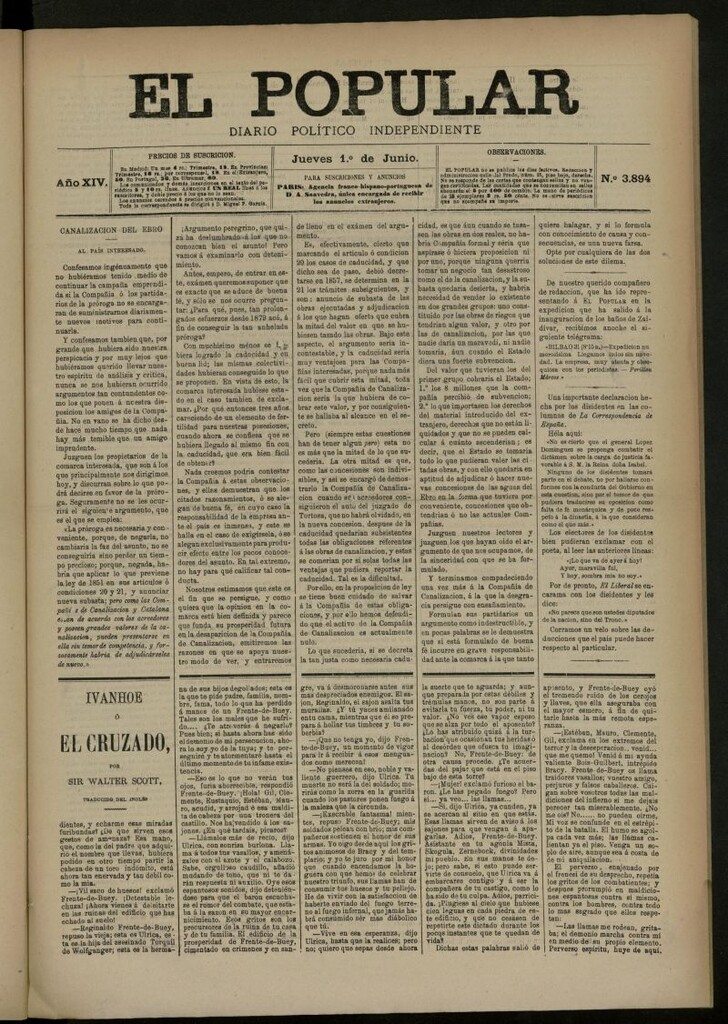 Miniatura de El Popular: diario independiente, político, literario y de noticias de interés general del 1 de junio de 1882, nº 3894