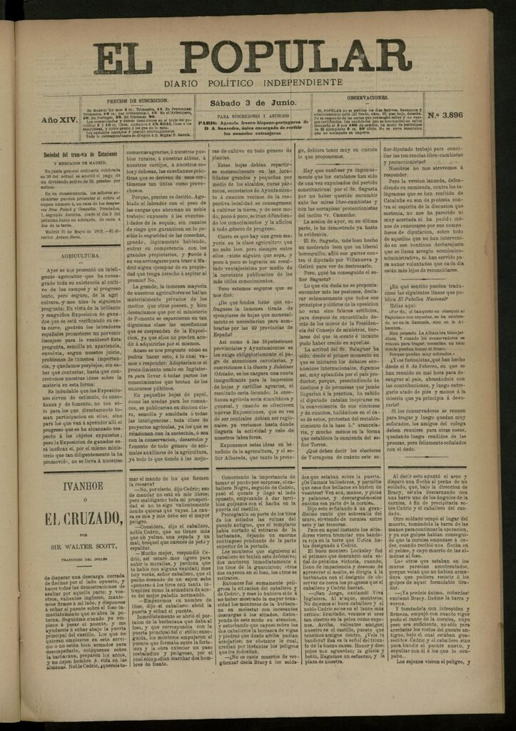 Miniatura de El Popular: diario independiente, político, literario y de noticias de interés general del 3 de junio de 1882, nº 3896