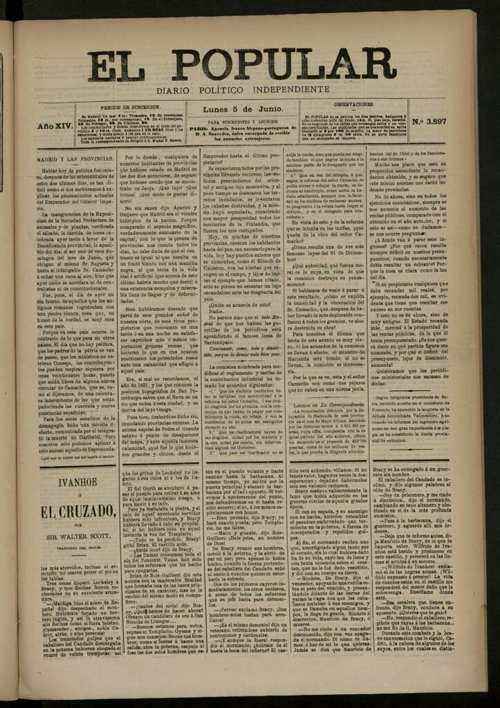 Miniatura de El Popular: diario independiente, político, literario y de noticias de interés general del 5 de junio de 1882, nº 3897
