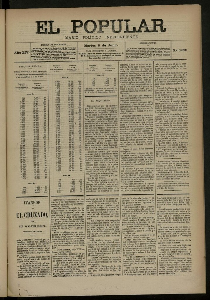 Miniatura de El Popular: diario independiente, político, literario y de noticias de interés general del 6 de junio de 1882, nº 3898