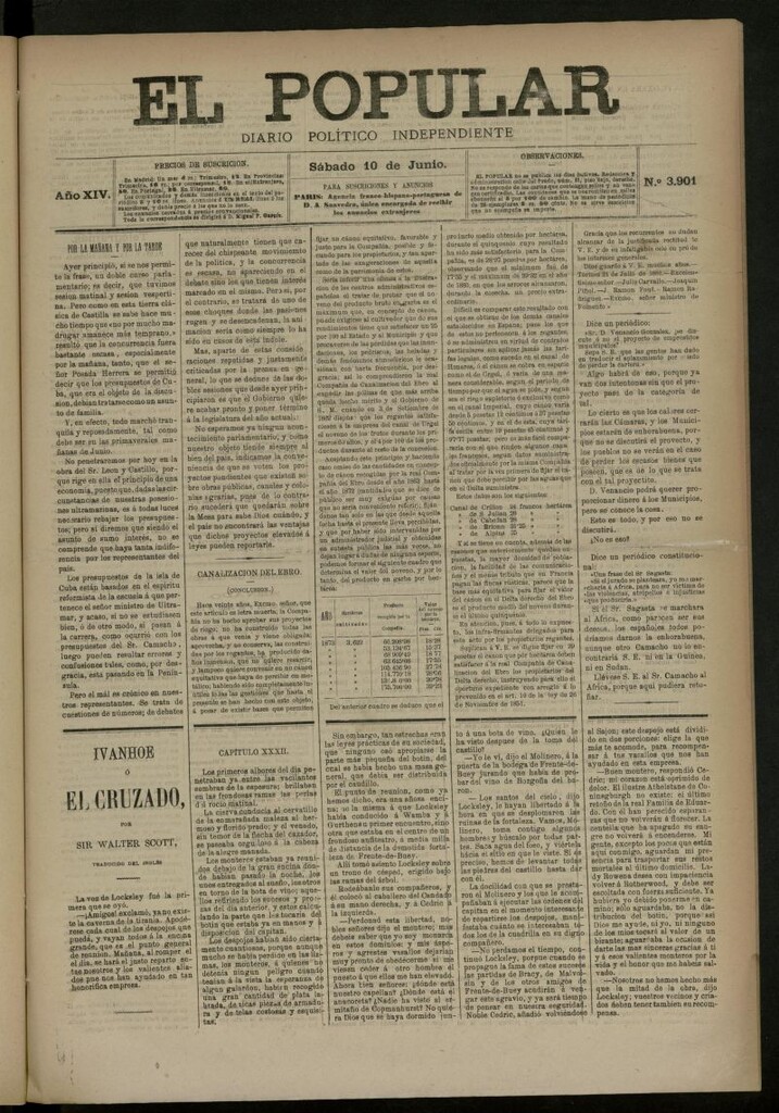 Miniatura de El Popular: diario independiente, político, literario y de noticias de interés general del 10 de junio de 1882, nº 3901