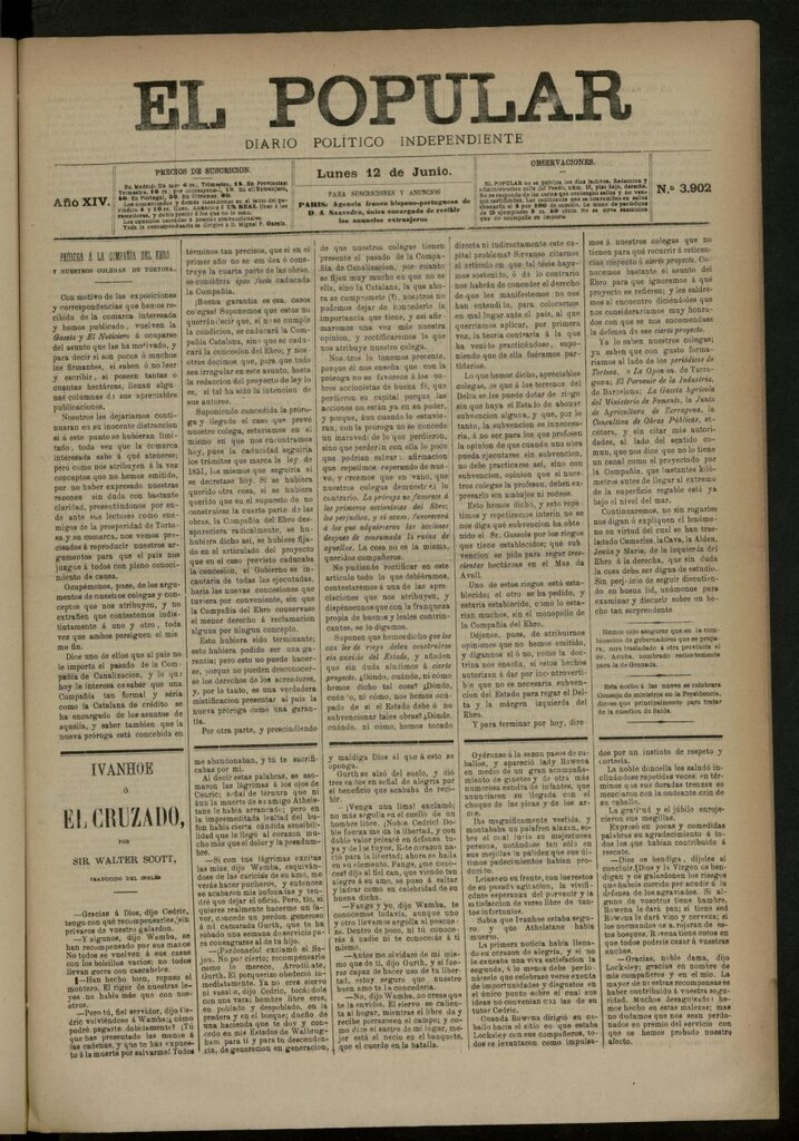Miniatura de El Popular: diario independiente, político, literario y de noticias de interés general del 12 de junio de 1882, nº 3902