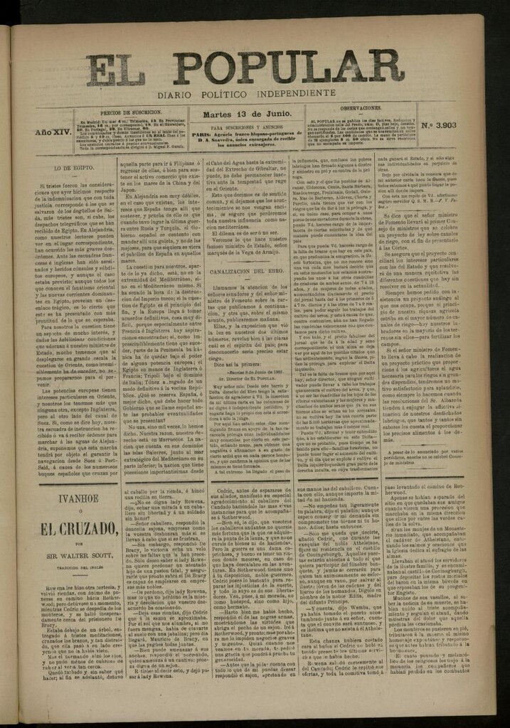 Miniatura de El Popular: diario independiente, político, literario y de noticias de interés general del 13 de junio de 1882, nº 3903