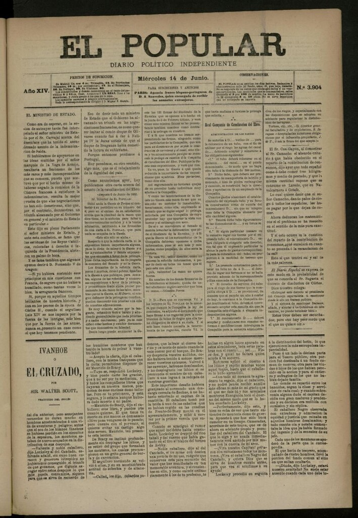 Miniatura de El Popular: diario independiente, político, literario y de noticias de interés general del 14 de junio de 1882, nº 3904