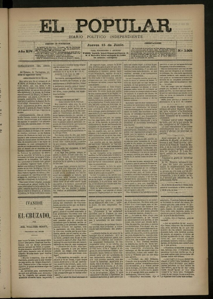 Miniatura de El Popular: diario independiente, político, literario y de noticias de interés general del 15 de junio de 1882, nº 3905