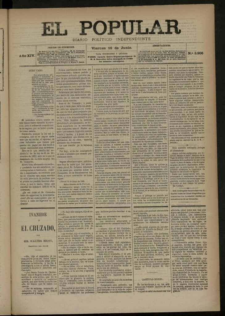 Miniatura de El Popular: diario independiente, político, literario y de noticias de interés general del 16 de junio de 1882, nº 3906