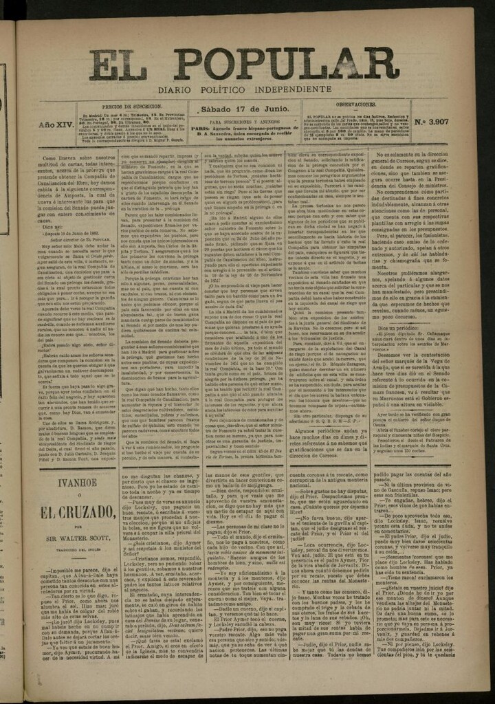 Miniatura de El Popular: diario independiente, político, literario y de noticias de interés general del 17 de junio de 1882, nº 3907