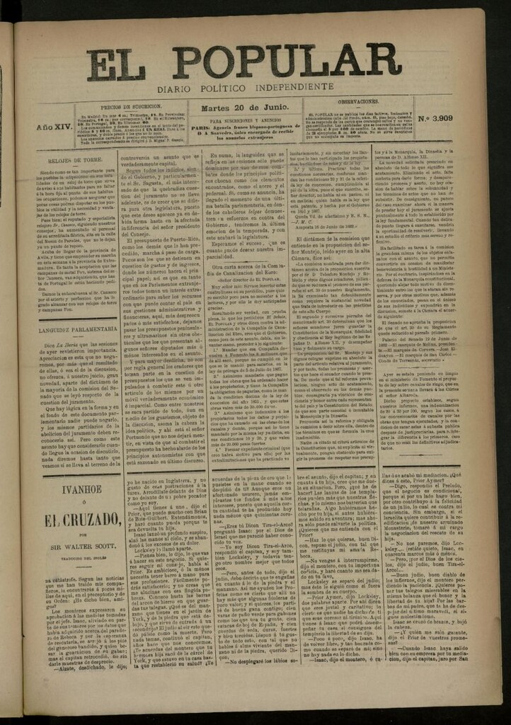 Miniatura de El Popular: diario independiente, político, literario y de noticias de interés general del 20 de junio de 1882, nº 3909