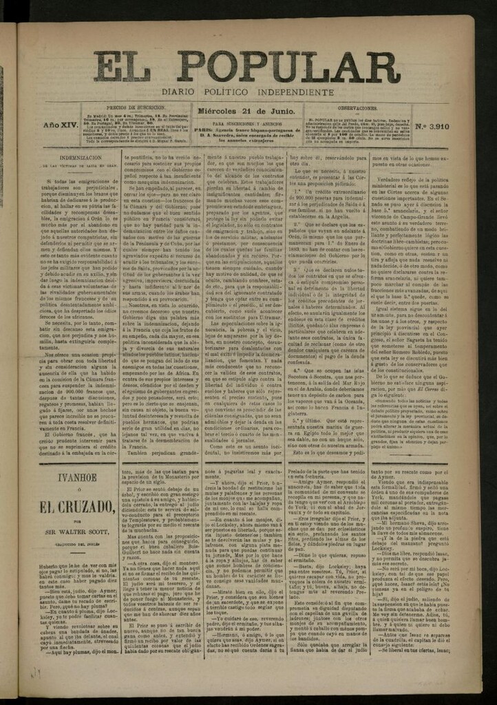 Miniatura de El Popular: diario independiente, político, literario y de noticias de interés general del 21 de junio de 1882, nº 3910