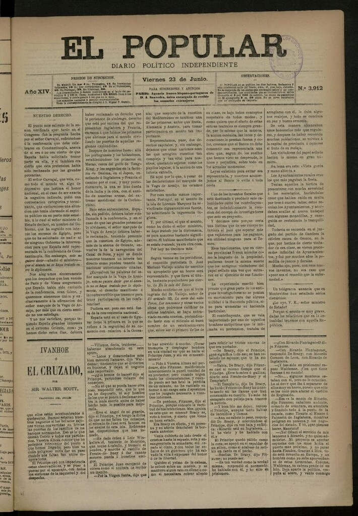Miniatura de El Popular: diario independiente, político, literario y de noticias de interés general del 23 de junio de 1882, nº 3912