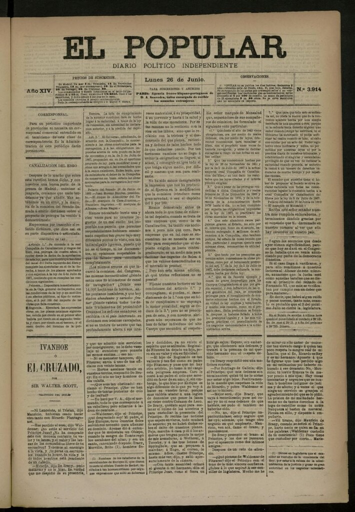 Miniatura de El Popular: diario independiente, político, literario y de noticias de interés general del 26 de junio de 1882, nº 3914