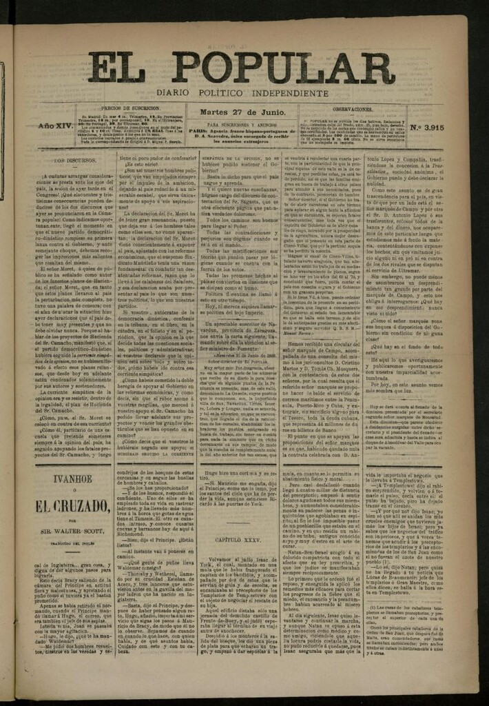 Miniatura de El Popular: diario independiente, político, literario y de noticias de interés general del 27 de junio de 1882, nº 3915