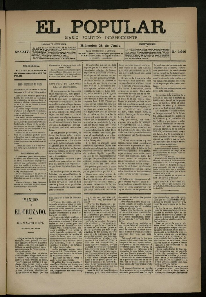 Miniatura de El Popular: diario independiente, político, literario y de noticias de interés general del 28 de junio de 1882, nº 3916