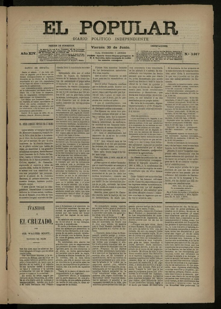 Miniatura de El Popular: diario independiente, político, literario y de noticias de interés general del 30 de junio de 1882, nº 3917