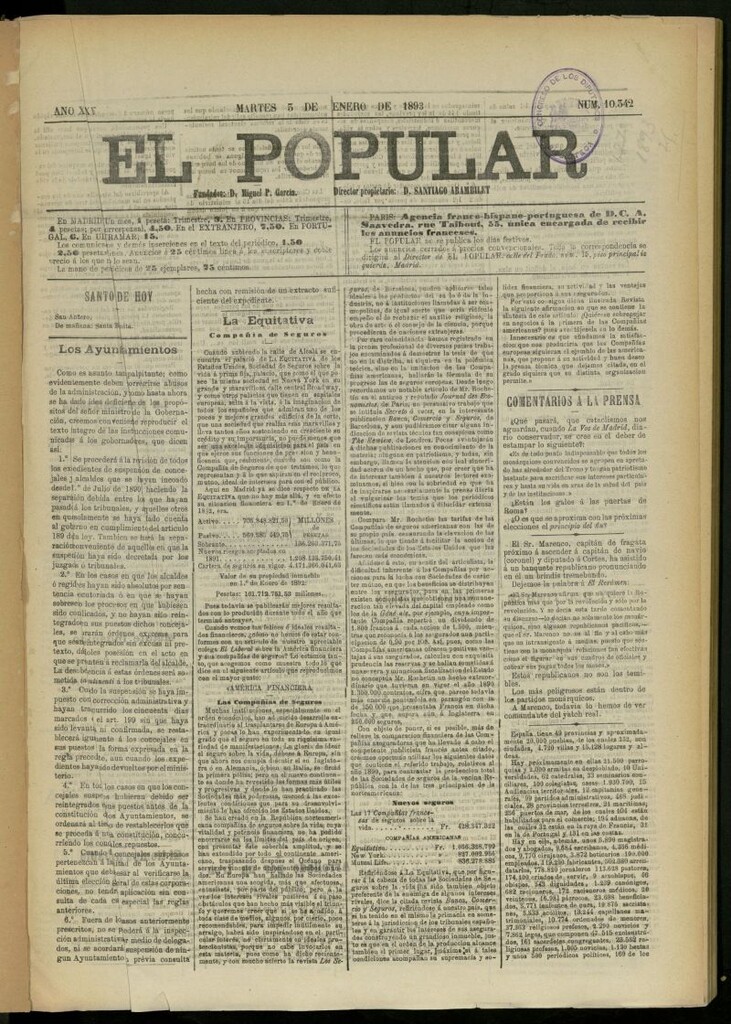 Miniatura de El Popular: diario independiente, político, literario y de noticias de interés general del 3 de enero de 1893,nº 10342
