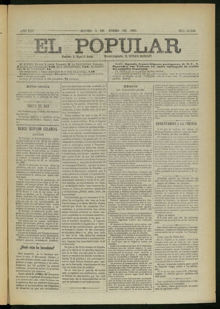 Miniatura de El Popular: diario independiente, político, literario y de noticias de interés general del 5 de enero de 1893,nº 10344