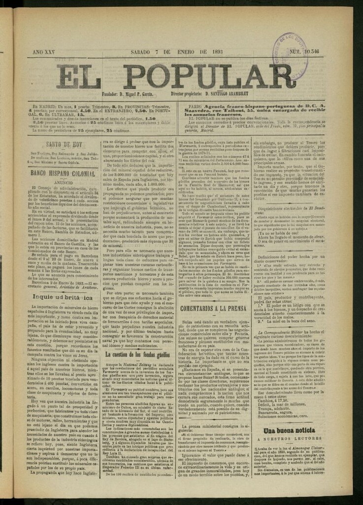 Miniatura de El Popular: diario independiente, político, literario y de noticias de interés general del 7 de enero de 1893,nº 10346