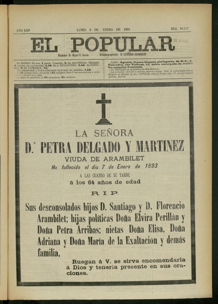 Miniatura de El Popular: diario independiente, político, literario y de noticias de interés general del 9 de enero de 1893,nº 10347