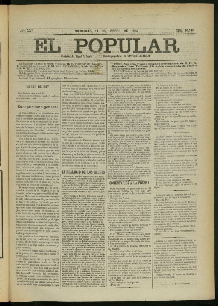 Miniatura de El Popular: diario independiente, político, literario y de noticias de interés general del 11 de enero de 1893,nº 10349