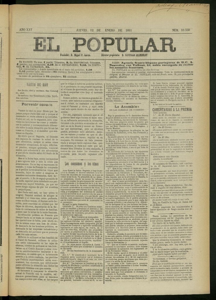 Miniatura de El Popular: diario independiente, político, literario y de noticias de interés general del 12 de enero de 1893, nº 10350
