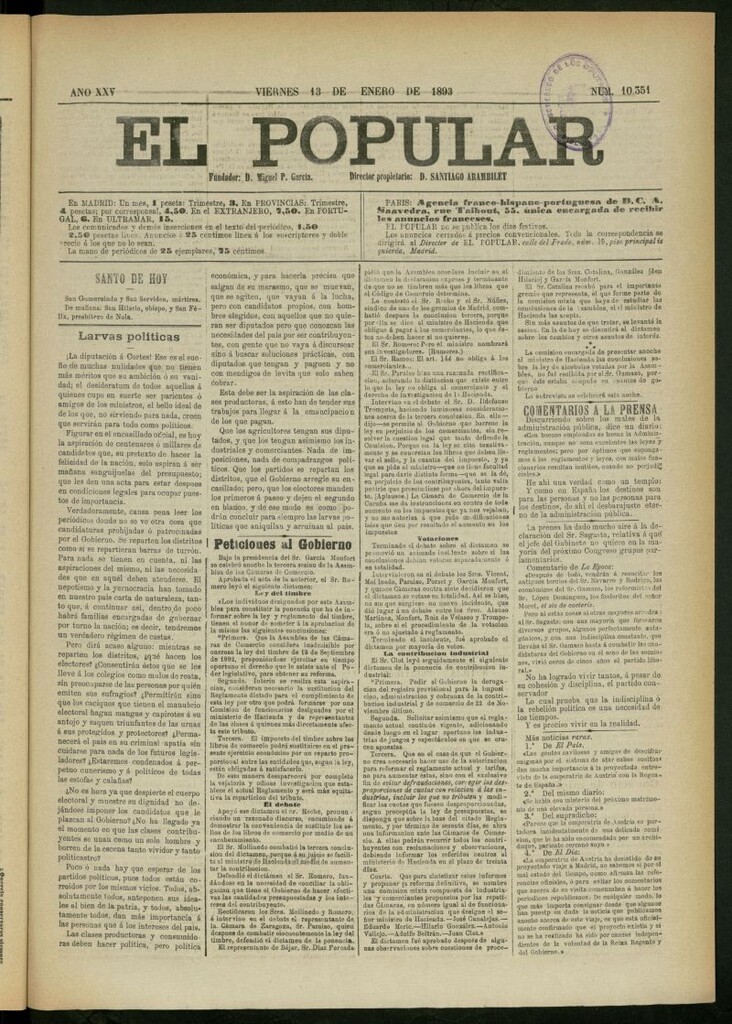 Miniatura de El Popular: diario independiente, político, literario y de noticias de interés general del 13 de enero de 1893, nº 10351