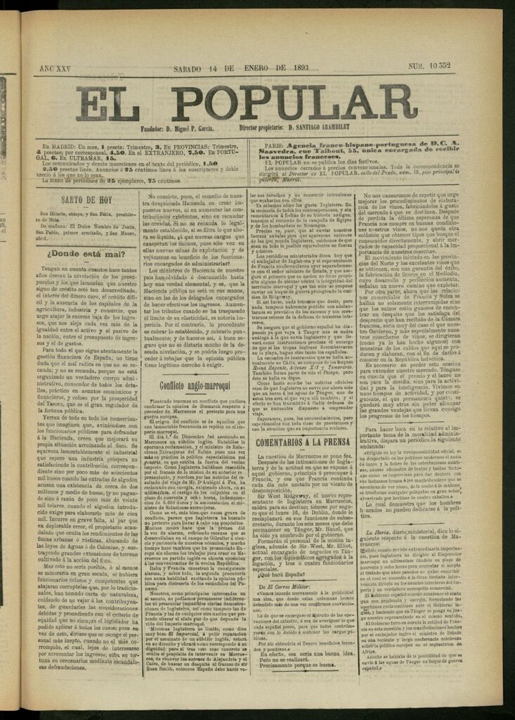 Miniatura de El Popular: diario independiente, político, literario y de noticias de interés general del 14 de enero de 1893, nº 10352