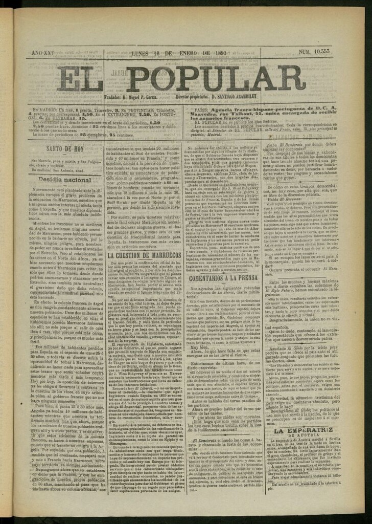 Miniatura de El Popular: diario independiente, político, literario y de noticias de interés general del 16 de enero de 1893, nº 10353