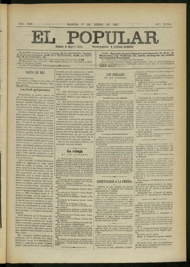 Miniatura de El Popular: diario independiente, político, literario y de noticias de interés general del 17 de enero de 1893, nº 10354