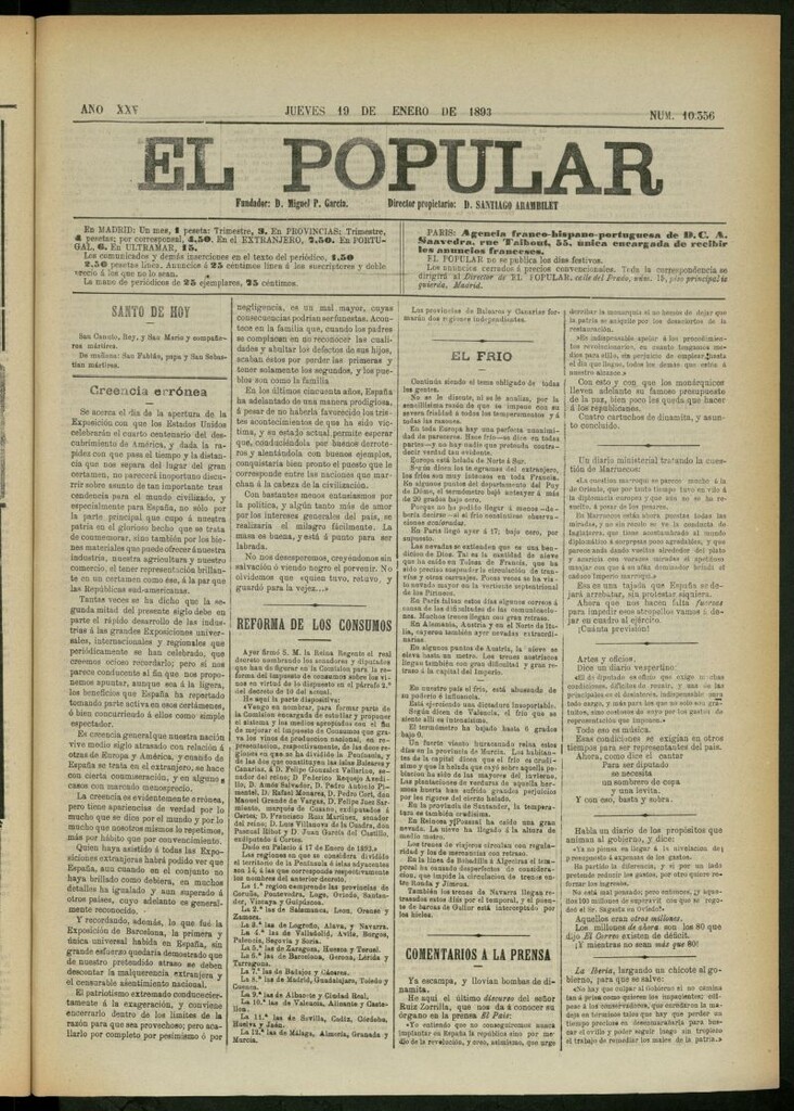 Miniatura de El Popular: diario independiente, político, literario y de noticias de interés general del 19 de enero de 1893, nº 10356