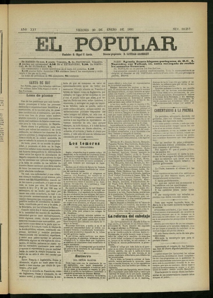 Miniatura de El Popular: diario independiente, político, literario y de noticias de interés general del 20 de enero de 1893, nº 10357