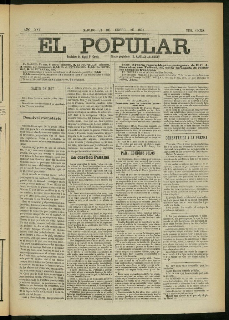 Miniatura de El Popular: diario independiente, político, literario y de noticias de interés general del 21 de enero de 1893, nº 10358